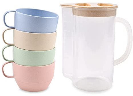 IDISON 5Pcs Camping Plastic Cups Set with Pitcher, Lightweight Natural Breakfast Cups Reusable Unbreakable Mug with Handle Jug for Juice, Coffee, Tea, Water, Milk