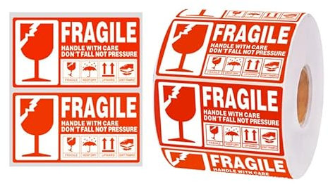Fragile Stickers, 1 Rolle 1000 Griff mit Sorgfalt, roter zerbrechlicher Warnaufkleber, Dankeschön-Warnschild, zerbrechliches Verpackungsetikett für Pakete und Schachteln (90 x 50 mm, weiß)