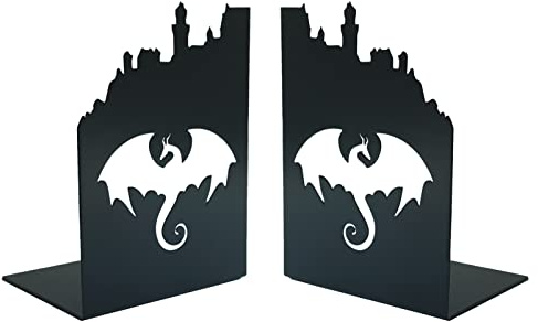 2 Schwarze Buchstützen aus schwerem Metall - Drachen Design - Stabil für Bücher halten - Ideal für Heimdekoration, Bücherregal & Büro - 1 Paar