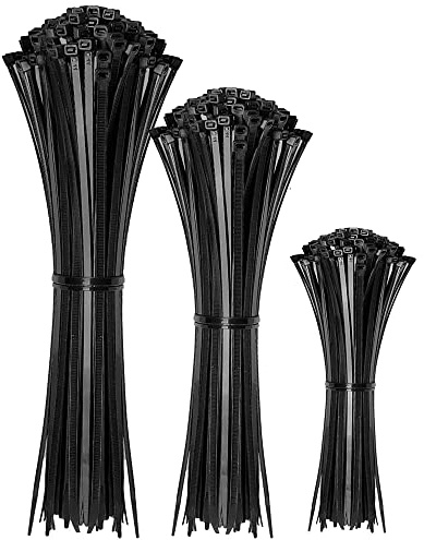 100pc Black Plastic Cable Ties, 3 Different Sized Tie Wraps, Durable Strong Plastic Material Ensuring Longevity, Self Locking Zip Ties Ideal for Home, Office, Garden and DIY (Black)