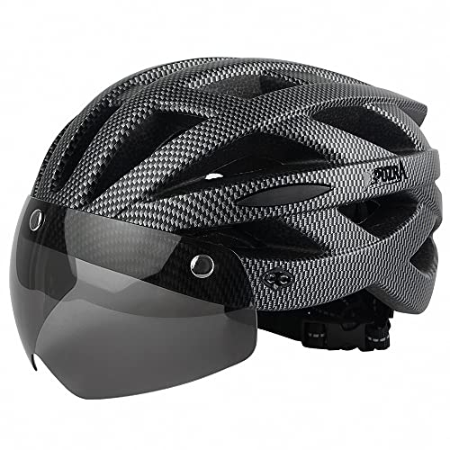 JEPOZRA Fahrradhelm Herren Damen Rennradhelme mit Abnehmbarem Visier & Magnetbrille Radhelm Einstellbarer Sicherheit Atmungsaktiv Ski Helme Erwachsene Bicycle Helme CE-Zeichen (Carbonfaser)