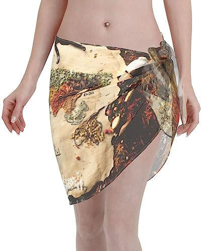FRESQA World Map Made Up of Spices Quick-Drying Women's Short Beach Skirt,Lightweight Easy to Carry,for Cruise Ships,Beaches Pools