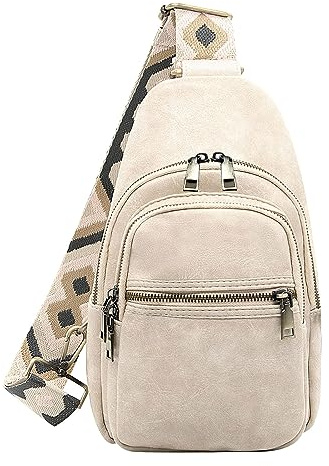 Long Keeper Sling Bag bröstväska PU läder crossbody väska damer ryggsäck slingväska resa utomhus dagryggsäckar axelväska för kvinnor män, Beige