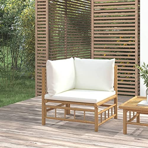 LAPOOH Garten-Ecksofa mit Cremeweißen Kissen, Balkon Möbel, Gartensofa, Gartenlounge, Garten Möbel, Loungemöbel Balkon, Outdoor Lounge, Sitzecke Garten, Bambus