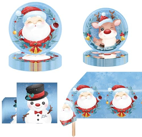 POPOYU 69 Pièces Vaisselle de Noël - Assiettes, Serviettes, Gobelets, Nappe pour 16 Invités