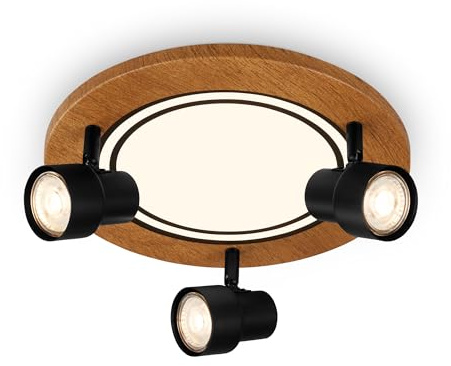 BRILONER - LED Deckenlampe mit Spots, warmweißes Licht, Schwenkbare Deckenleuchte, LED Lampe Holz, 12W Wohnzimmerlampe mit Speicherfunktion, 300x155 mm (DxH)