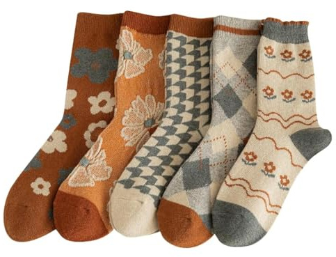 FORJMMP 5/10 par ullstrumpor för kvinnor tjocka stickade vintage söta blommiga besättningsstrumpor, 5 par-orange blommor, 37-42 EU