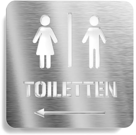 Urhome Toilette nach links Hinweisschild aus V2A Edelstahl - Laserschnitt Gravur Türschild - Schild für Wand Tür - Herren Damen Toilette Pfeil links WC Infoschild für Innen und Außen
