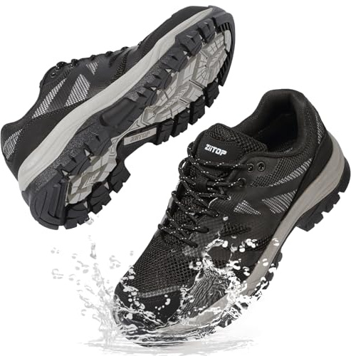 ziitop Chaussures de sécurité imperméables avec embout en acier pour homme et femme, bottes de travail, antidérapantes, légères, composites de protection industrielles, Noir , 42.5 EU