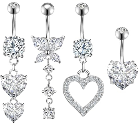 Utensilsto 4 Stück Bauchnabelpiercing Barbell Set, 14G Silber Chirurgenstahl Edelstahl Dangle Bauchnabelpiercing Schmuck, Bauchpiercing Herz Schmetterling Bauchnabel Schmuck für Frauen