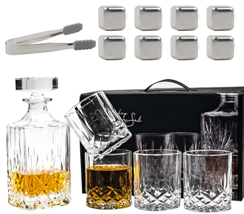 Ensemble carafe à whisky et verres à whisky, carafe à décanter en cristal, carafe à whisky classique, coffret cadeau à whisky pour homme, avec 8 pierres à whisky, 1 pince, 4 verres à whisky