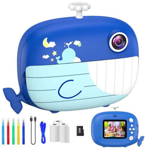Kinderkamera Sofortbildkamera, Ushining 1080P 2,4 Zoll Bildschirm Digitalkamera Kinder Sofortbildkamera Kinder mit 32GB TF Karte Druckpapier Farbige Stifte, Geschenk für Kinder 3-14 Jahren, Blau