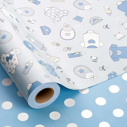 MAYPLUSS Geschenkpapierrolle für Neugeborene, 43,2 cm x 10,2 m, niedlicher Babyblauer Junge mit Schnappanzug und Flaschen, Geschenkpapier, Babyparty, Geschenkpapier für Neugeborene, Geburtstag, Feier