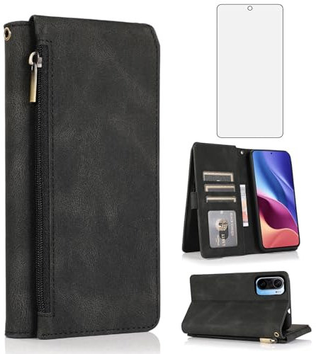 Asuwish Funda para Xiaomi Poco F3/Mi 11i 5G Funda y Protector de Pantalla Tarjetero Plegable Cuero Monedero Soporte Mi11i/11X Pro/Redmi K40 Plus Teléfono Móvil Wallet Fundas Protectora Phone Case