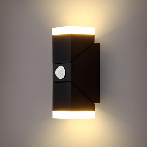 Combuh 12W Wandleuchte mit Bewegungsmelder Aussen, IP65 Wasserdicht Led Aussenlampe mit Dämmerungssensor, Eingangslampe Schwarz, Haustürlampe Warmweiß 3000K für Hauswand Terrasse, 19 cm