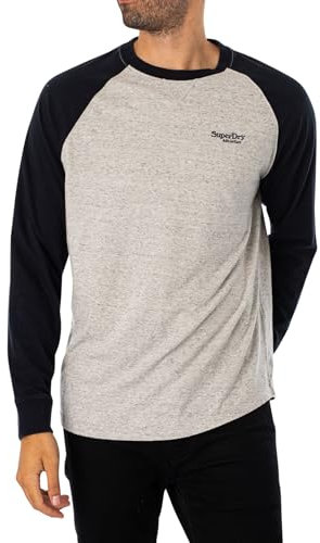 Superdry Herren Essential Baseball-Oberteil mit Langen Ärmeln und Logo Grau Meliert Gesprenkelt/Finster Marineblau L