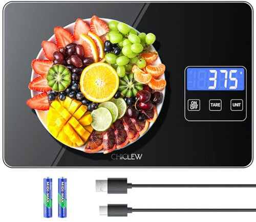 CHICLEW Wiederaufladbare Digitale Küchenwaage, 15KG Elektronische Waage Küche mit 5 Umschaltbaren Einheiten & Großer Plattform aus Gehärtetem Glas, Wasserdichte Essenswaage, Haushaltswaage, 24*16*2cm