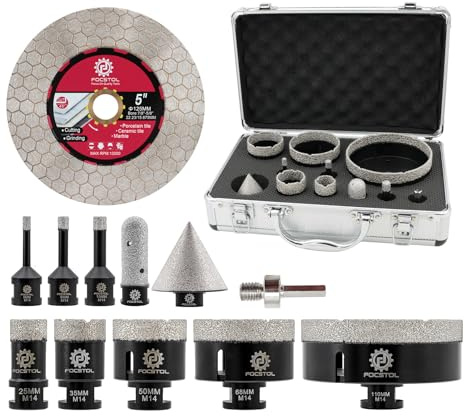 FOCSTOL Broca Diamante Porcelanico - Corona Diamante Porcelanico para Azulejos Marmol Ceramica 12 piezas (6/8/10/25/35/50/68/110mm+50mm Broca Chaflán Biselado+20mm Fresa+Adaptador+125mm Disco)