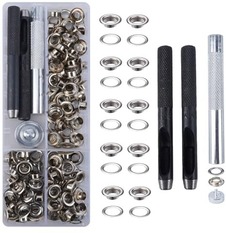 KINDPMA 120 Sets Eyelet Punch Kit 6mm Eyelets and Punch Eyelet Kit 1/4 inch Grommet Kit Metal Grommets Eyelets Tarpaulin Repair Kit with Install Tool Box Eyelets for Fabric Canvas Leather Belt Shoes