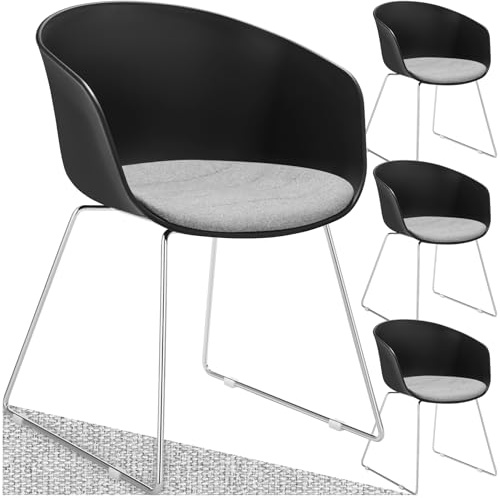 tectake® Kunststoff Armlehnstuhl, bequemer Esszimmerstuhl, Bürostuhl mit Sitzkissen, Chrom Stahlbeine, ergonomischer Stuhl, Esszimmerstühle, Küchenstuhl, Schalenstuhl, bis 120 kg belastbar - 4er Set