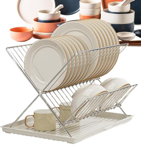 Escurridor de platos de metal, 2 niveles de acero al carbono/acero inoxidable, estante de secado de platos, plegable, desmontable para fregadero de cocina