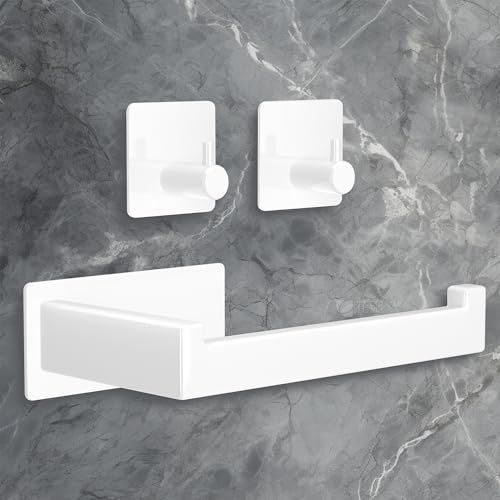 YUNISS Portarrollos Baño Acero Inoxidable 304, 1 Piezas Portarrollos Papel Higiénico + 2 Piezas Ganchos para Toallas, Adhesivo Porta Rollo Sin Taladro para Baño y Cocina -Blanco