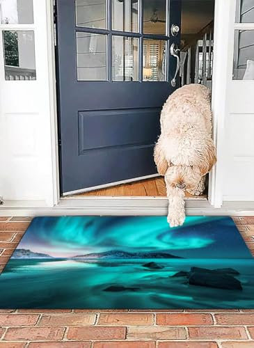 OHJEAJDS Badezimmerteppich rutschfest Badematte 50 x 80 cm,Badteppich Saugfähig Weich Maschinenwaschbar für Badezimmer,Nordlichter auf den Lofoten in Norwegen. Himmel mit Polarlichtern und Sternen. M