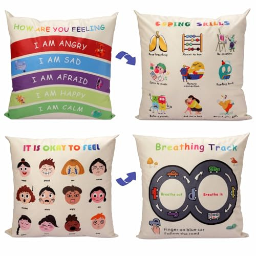 B BBPM Classroom Decor Throw Pillow Covers Set of 2 - Calming Corner School Counselor Office Mental Health Decor Calm Down Corner Supplies Cozy Corner Feelings Pillow Therapy Office Decor 18x18 Cream