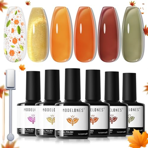 Modelones Gel Nail Polish Set, 6 Colors Autumn Wine Brown Orange Green Jelly Gel Polish Gold Glitter Cat Eye Nail Polish with Magnet and Wooden Stick Soak Off Manicure Kit DIY