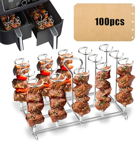 BESPOTCL 304 Edelstahl Vertikalspieß-Set Kompatibel mit Ninja Foodi Heißluftfritteuse AF300EU AF400EU - 14 Grillspieße Halterung mit 100 Stück Fettauffangpapier - BBQ Grillrost Luftfritteuse Zubehör