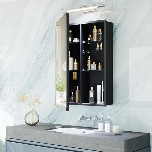 MemoCastle Black Medicine Cabinet with Mirror for Bathroom: 20 x 26 Inch Small Mirrored Vanity Storage with Adjustable Shelves - Surface or Recessed Wall Mount - Matte Black Frame