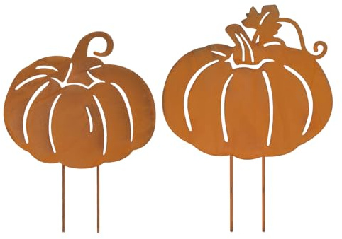 Lot de 2 Piquets de Jardin en Forme de Citrouille Rouillée, Décoration D'automne Citrouille pour l'extérieur,Citrouille en Métal pour Jardin Terrasse Balcon Halloween,Décoration Rouille Automne