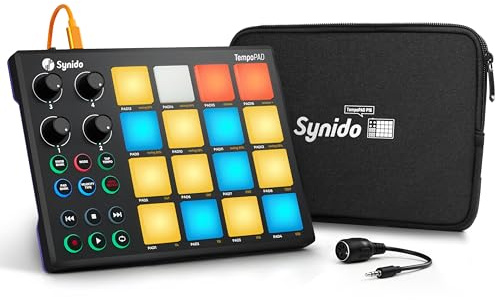 Synido TempoPAD MIDI Drum Controller, 16 RGB Backlit Beat Pads, 4 Assignable Knobs, USB Portable Music Production, Black