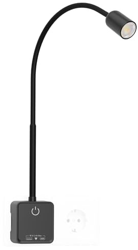 PRINCEWAY Lampada da Lettura Applique da Parete Faretto LED Interno con Spina, Luce da Comodino LED Dimmerabile Nera, 3 Modalità di Colore Illuminazione, Angolo di Luce 50°, Porte di Uscita USB