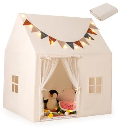 DREAMADE Kinderzelt für Drinnen, Spielhaus Kinder mit Rutschfestem, Abnehmbaren Polster, Fahnen & Lichterketten, Spielzelt Kinderzimmer mit Fenstern für Kinder ab 3 Jahren Beige