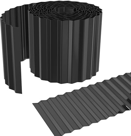 FIVMEN Bordure de pelouse en métal - 10 m - Bordure de parterre - Vague galvanisée - 0,3 mm d'épaisseur - Flexible - Bordure de tonte - Noir (longueur 10 m - Hauteur 18 cm)
