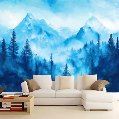 WHUOEUCO Carta da parati Fotografica Montagne Dei Boschi Blu 300x210 cm Fotomurali Tessuto Non Tessuto, Decorazione Murale Carta da parati per Soggiorno Camera Da Letto Ufficio