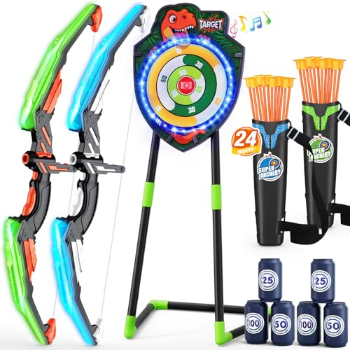 HYES 2 Pack Flèche et Arc pour Enfants, LED Lumière Dinosaure Tir à l'arc avec Flèches à Ventouse, Cible de Lueur Debout, Cibles de Score, Jouet d'Intérieur et d'Extérieur Cadeaux pour Garçons Filles