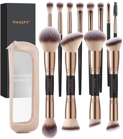 MAGEFY Makeup Brushes 12Pcs with Bag, Double-End Multi-functional for Foundation Powder Blush Eyeliner Eyeshadows brushes with Gift Box,Blackgold