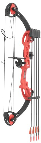 Jugend Compoundbogen Einstellbar 16-29lbs Compoundbogenset mit Zielpapier, Armschutz, Single-Pin Visier & 12 Pfeilen Verstellbarer Jugendbogen für Bogensport Training (Rot)