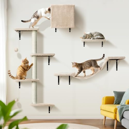 Thihome Kletterwand Katzen 10-teilig, Wandmontage Katzenmöbel Set mit Katzenbrücke, Katzenhaus, Kratzbaum & Hängematte, Stabiler Katzentreppe bis 10 kg, Beige
