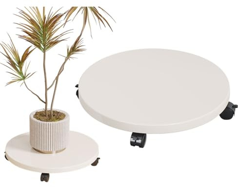 Support de plante rond en bois sur roulettes pour intérieur et extérieur - Robuste - 35 cm - Chariot de fleurs à roulettes pour terrasse et jardin - Couleur blanche