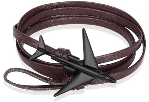 Wickelarmband Herren Leder Flugzeug Anker Schwarz, One Size, LederMetalllegierung