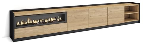 Skraut Home | Mueble TV | Televisión | Muebles de salón, almacenaje | 310x50x37 cm | para TV hasta 80 | Chimenea eléctrica | Estilo Moderno | Roble y Negro