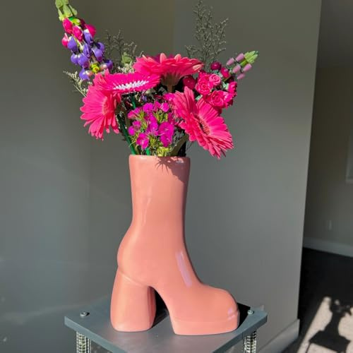 Reimagine Discovery Pink Boot Vase, Maximalist Ceramic Flower Vase, Pink Room Decor for Office, Bedroom & Living Room, Aesthetic Room Decor for Desk, Shelf, Table, Bar & Vanity