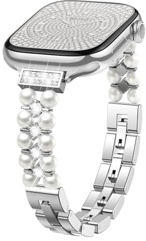 Slim Metal Beaded Strap for Apple Watch Straps Series 11-1 SE 3 2 1 Women | Thin Luxury Metal Band Adjustable Pearl Bracelet for iWatch 40mm 42mm 41mm 38mm 46mm 44mm 45mm Ultra 3 2 1 49mm