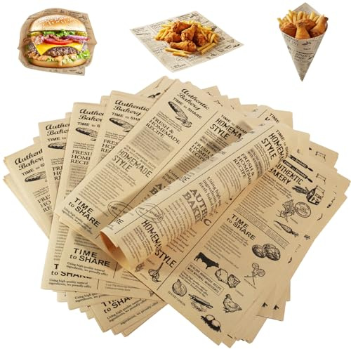 100 Blätter Deli Papierblätter, Pommes Papier für Korb, Umweltfreundliches Backpapier, Burger Wrap Papier für Burger, Butterbrot, Käse, Pommes (25x25cm)