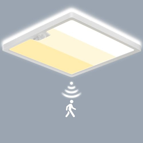 LEZOE Plafonnier LED avec détecteur de mouvement, 24W 2650lm, lampe de plafond à détecteur PIR, température de couleur 3000K/4000K/6500K pour salle de bain, garage sous-sol, couloir balcon 30x30x2,5cm