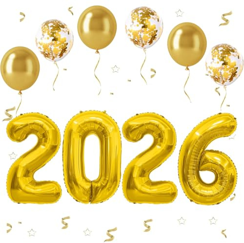 Mavouri Silvester Deko 2026 Luftballons Gold, 32 Zoll Happy New Year Deko 2026 Ballon, XXL Luftballon Zahlen 2026, Deko Silvester 2026 Folienballon Gold, Frohes Neues Jahr 2026 Helium Ballons