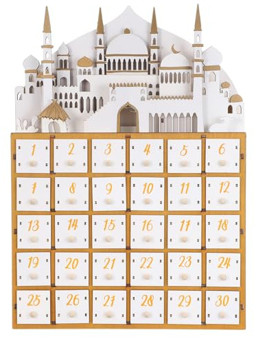 Uonlytech Calendrier de L'Avent du Ramadan en Bois avec 30 Petits Tiroirs Lumière LED Intégrée Décoration de Table pour Maison Organisateur de Tiroirs pour Fête Islamique Compte à